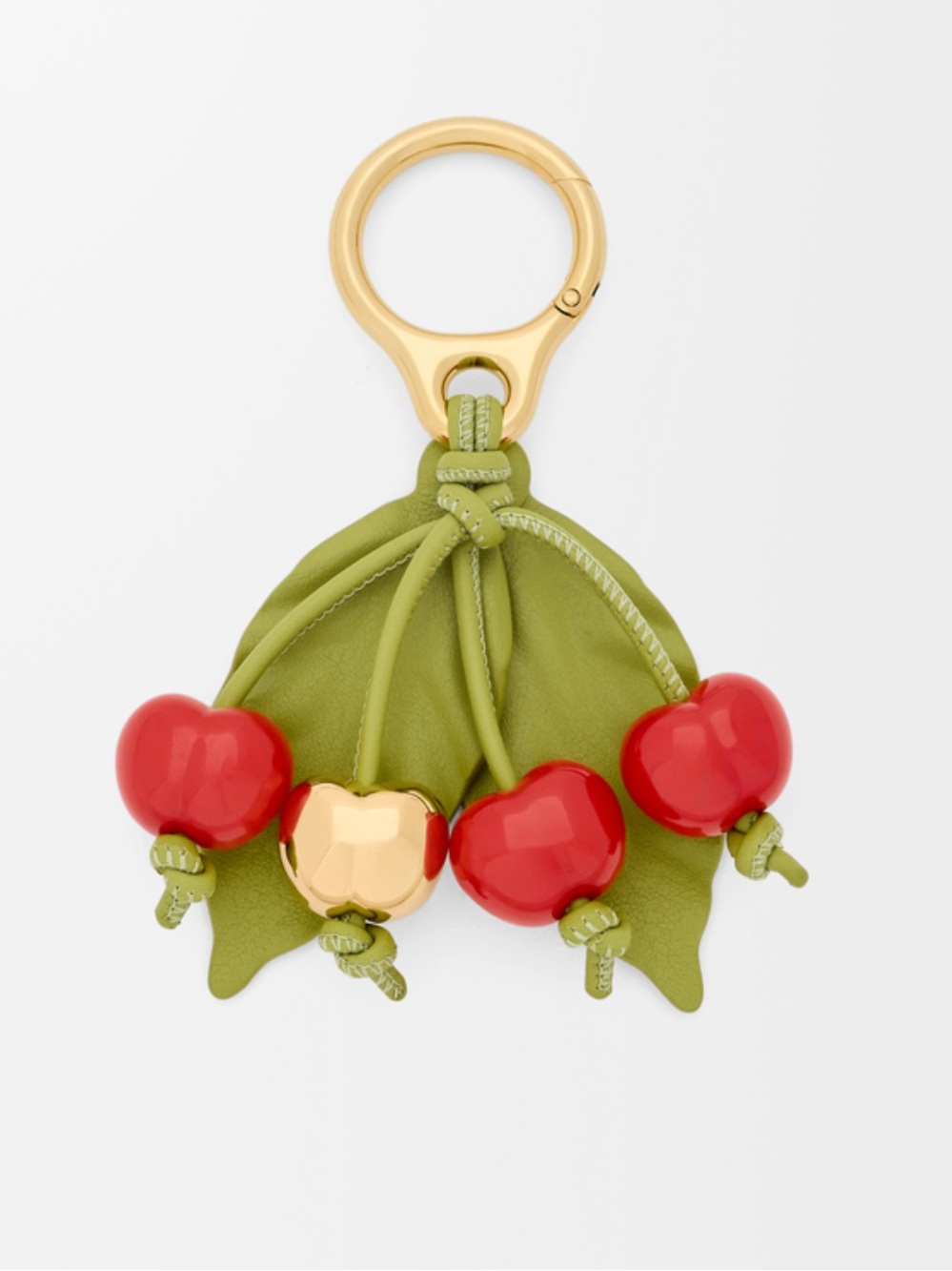 Loewe Green Leather Cherry Charm Key Holder with Red and Gold Accents